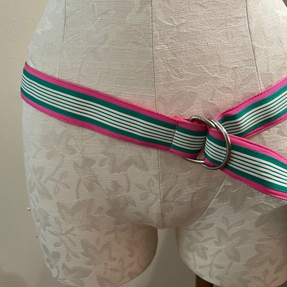 J Crew Grosgrain Striped Belt, Pink Green White, Chrome Buckle M/L